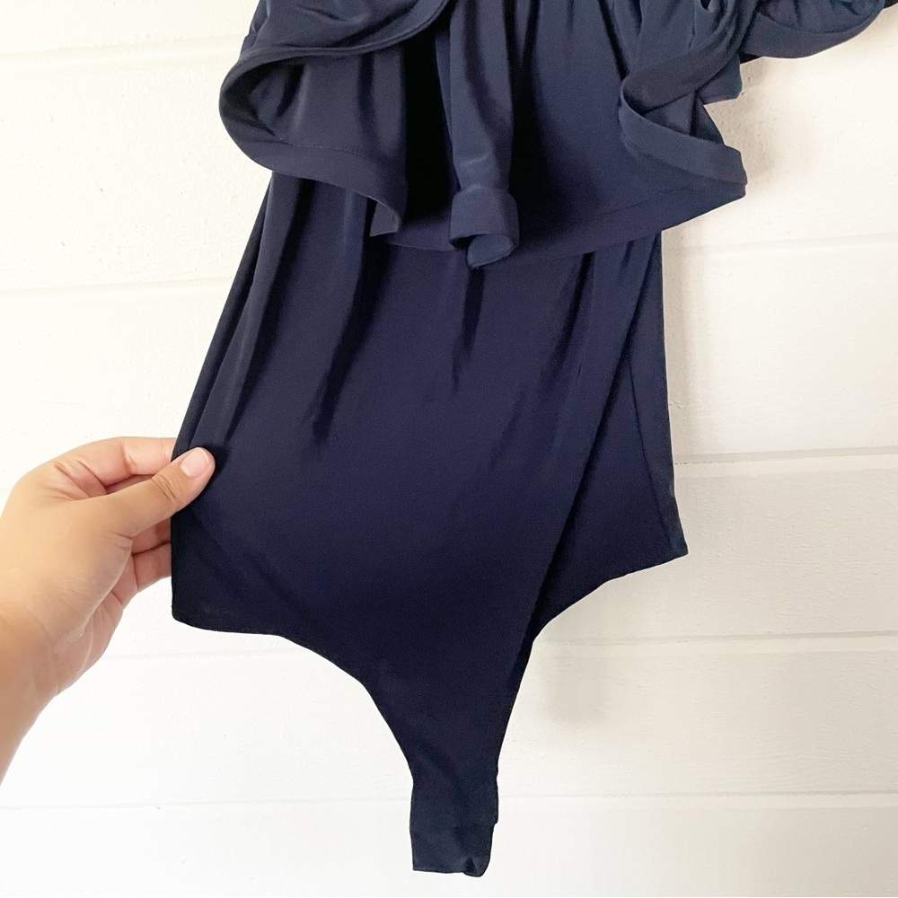 MISA Los Angeles Women's Navy Lyda Stretch Crepe Ruffle Bodysuit Size Small - Picture 8 of 9